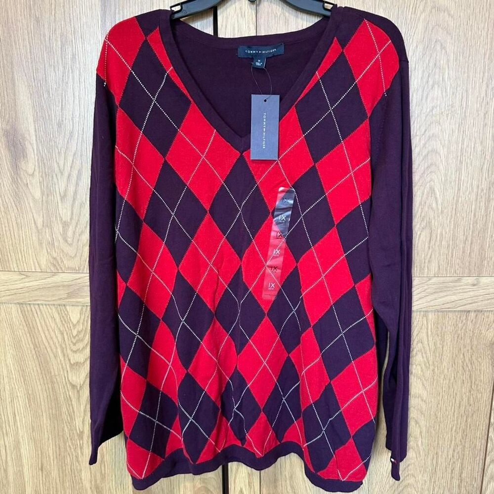 Tommy Hilfiger Women 1X Argyle Sweater Purple Red V-Neck Cotton Plus Size NWT